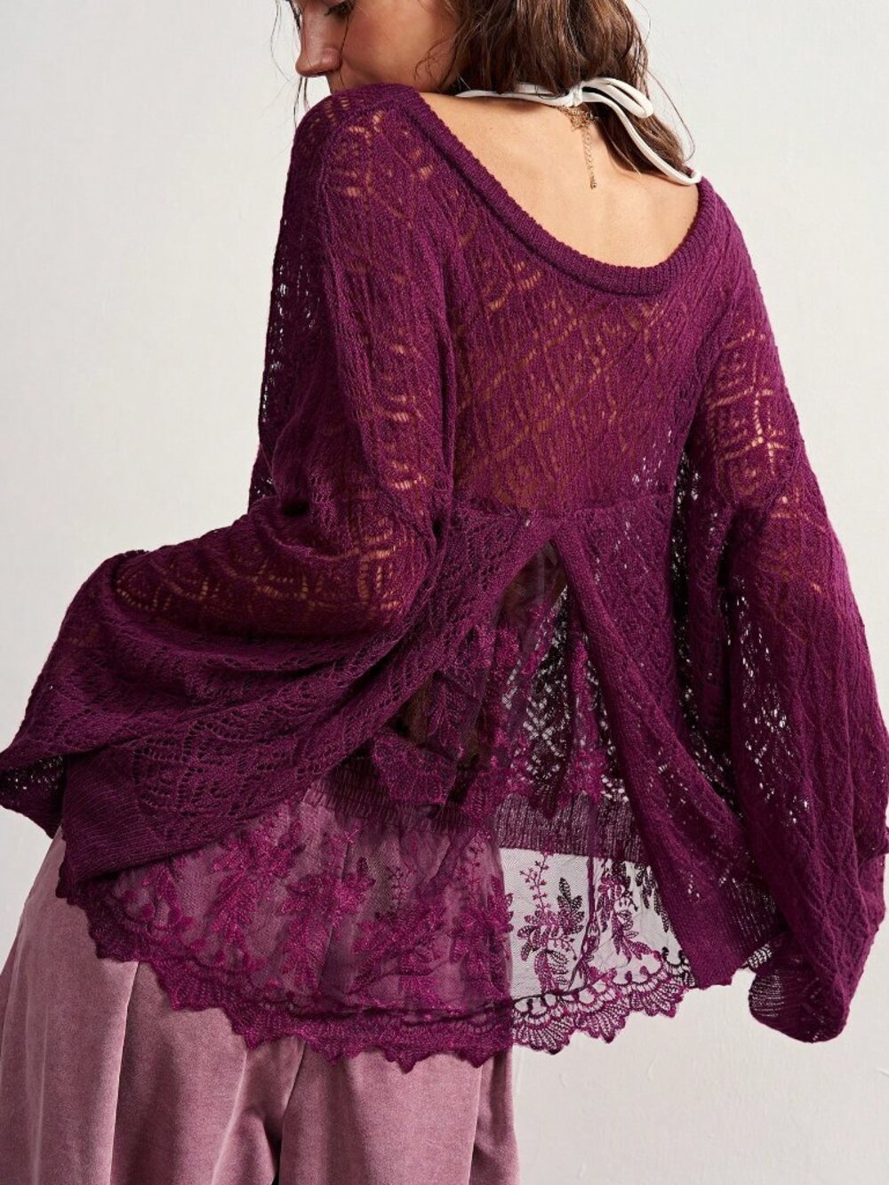 Burgundy Casual Women's Hollow Out Long Sleeve Loose Sweater